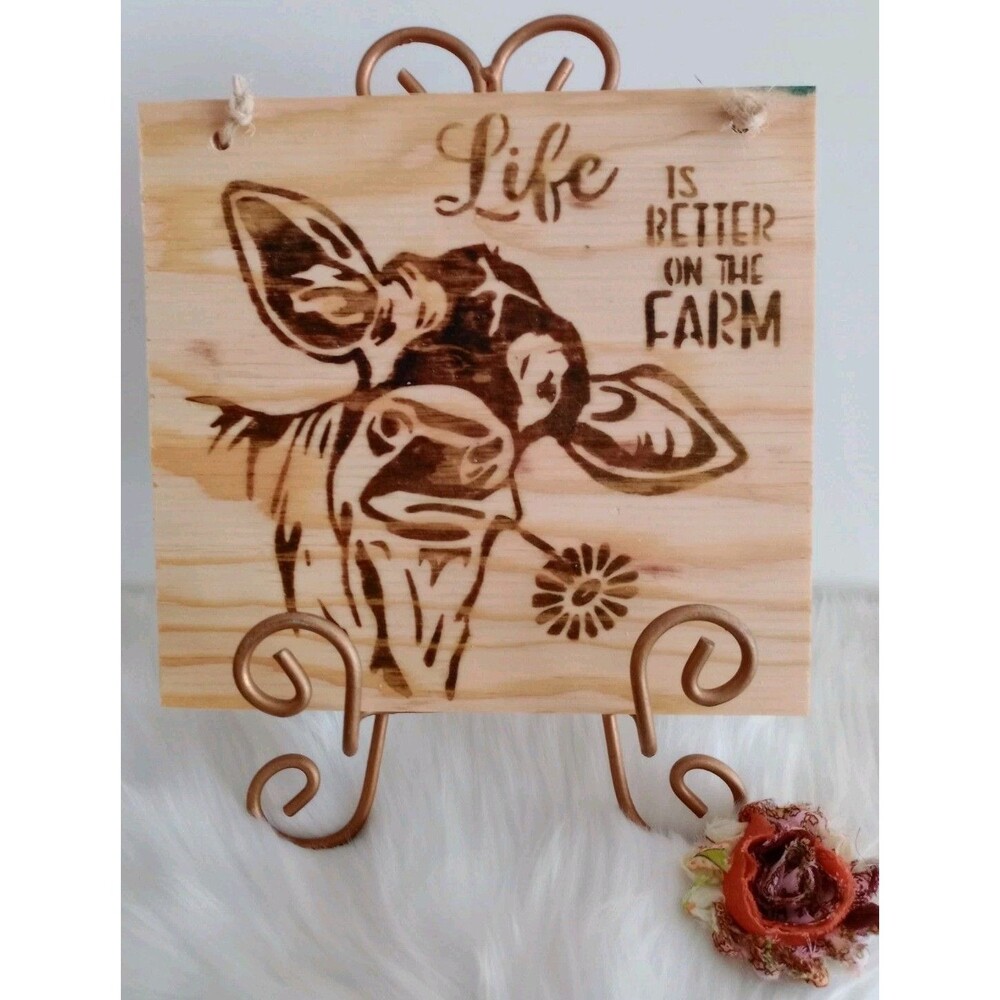 Handmade Cow Home Decor Wood Burnished 8 1/2" X 8" Plaque Wall Hanging New